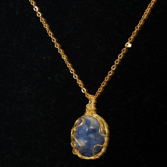 Artisan Jewelry - Sodalite stone wire wrapped with 18k gold filled wire and 18” chain